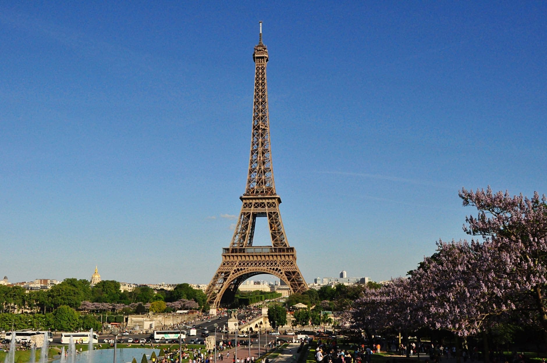 A captivating view of the Eiffel Tower surrounded by lush greenery and bright skies in Paris.