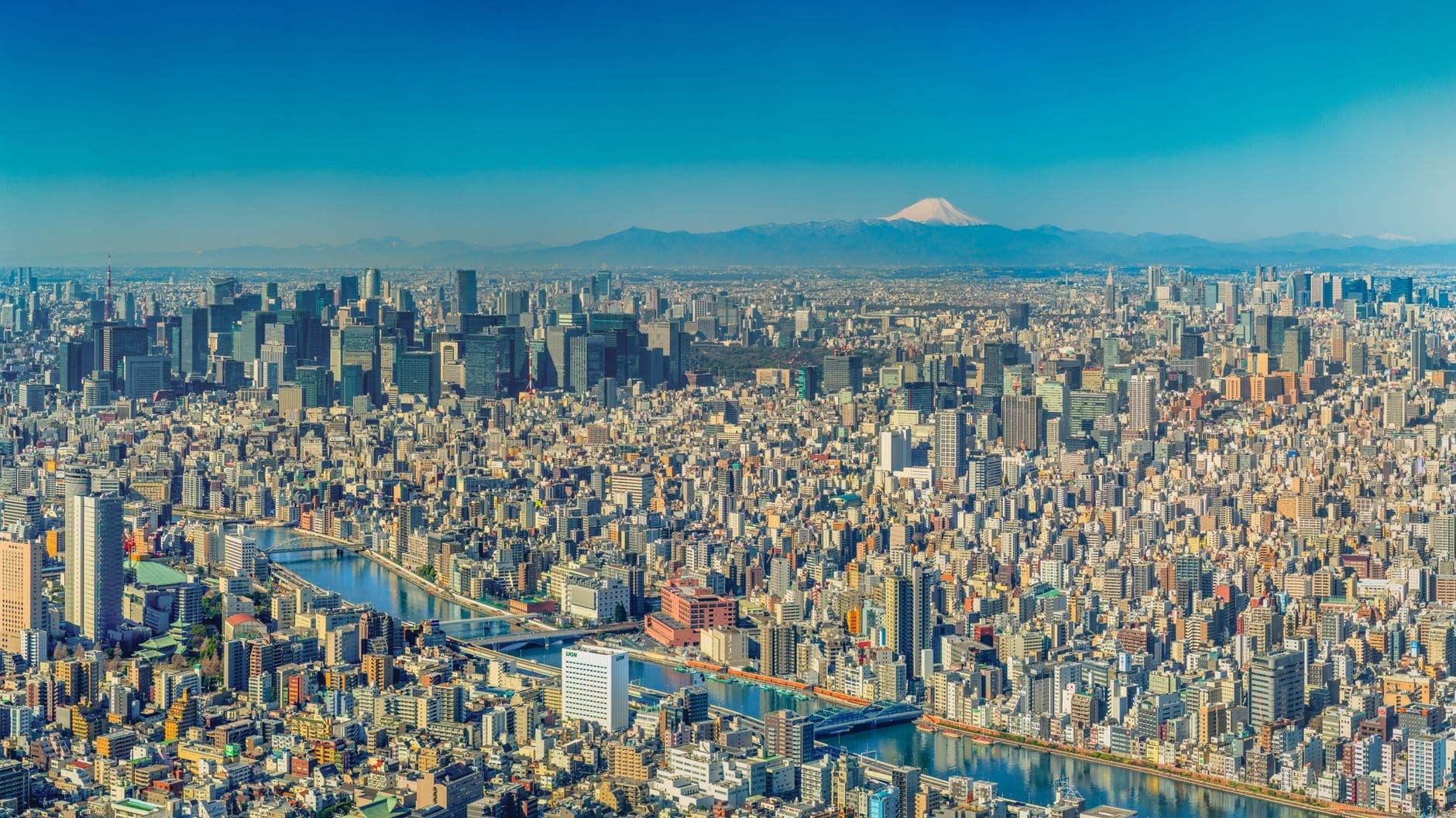 Panoramic view of Tokyo cityscape with Mount Fuji in the distance.