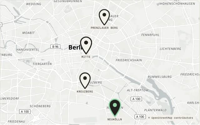 Map of Berlin showing the neighborhoods AisleTrotter has walked