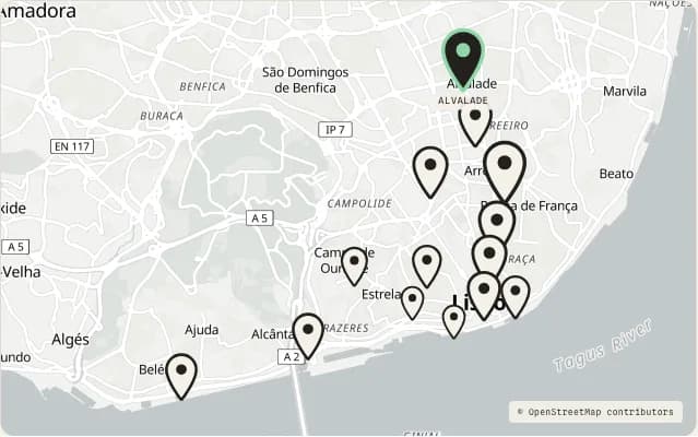 Map of Lisbon showing the neighborhoods AisleTrotter has walked