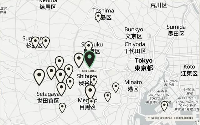 Map of Tokyo showing the neighborhoods AisleTrotter has walked